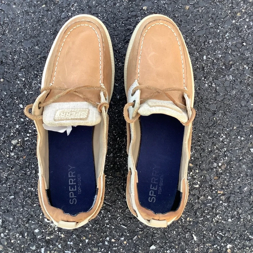 Sperry Top-Sider Womens Boat Shoes Tan Leather Canvas STS81857 Size 8.5